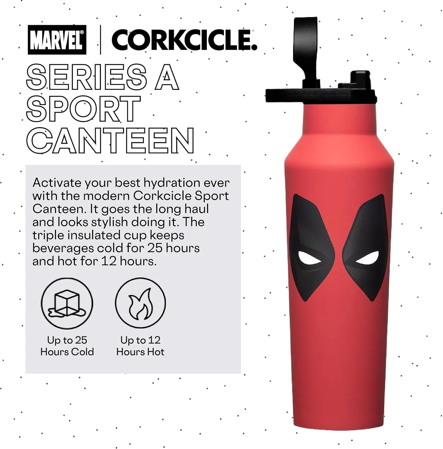 Corkcicle x Marvel Deadpool Insulated Canteen, 20 oz – Water Bottle Keeps Drinks Cold 25hrs, Hot 12hrs – Cupholder Friendly Tumbler with Screw-On Cap