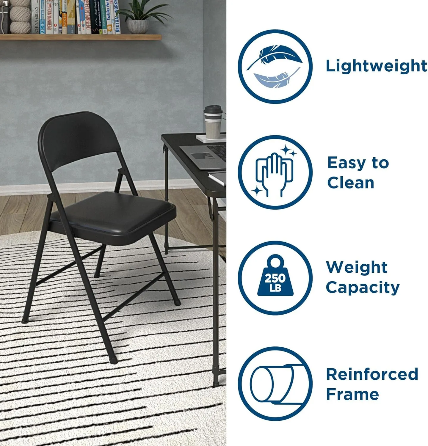 COSCO SmartFold Vinyl Folding Chair, 4-Pack, Black