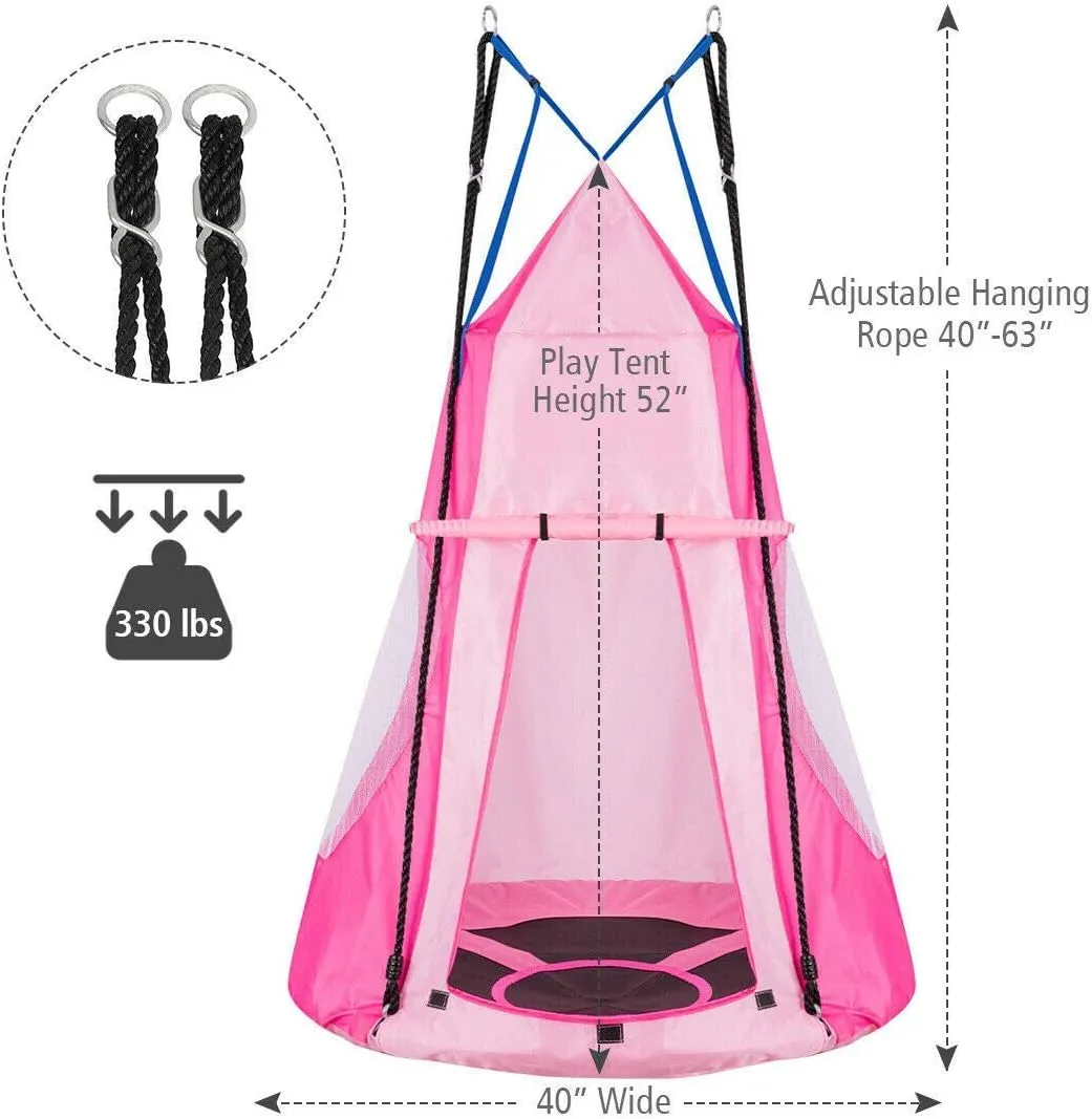 Costzon 2 in 1 Kids Detachable Hanging Chair Swing Tent Set, Hammock Nest Pod Hanging Swing Seat for Boys/Girls, Children Outdoor Indoor Swing Play House with Play Tent, Max Capacity 330 LBS (Pink)