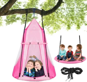 Costzon 2 in 1 Kids Detachable Hanging Chair Swing Tent Set, Hammock Nest Pod Hanging Swing Seat for Boys/Girls, Children Outdoor Indoor Swing Play House with Play Tent, Max Capacity 330 LBS (Pink)