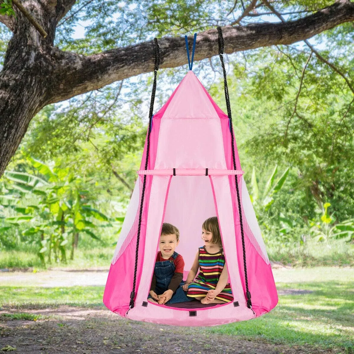 Costzon 2 in 1 Kids Detachable Hanging Chair Swing Tent Set, Hammock Nest Pod Hanging Swing Seat for Boys/Girls, Children Outdoor Indoor Swing Play House with Play Tent, Max Capacity 330 LBS (Pink)