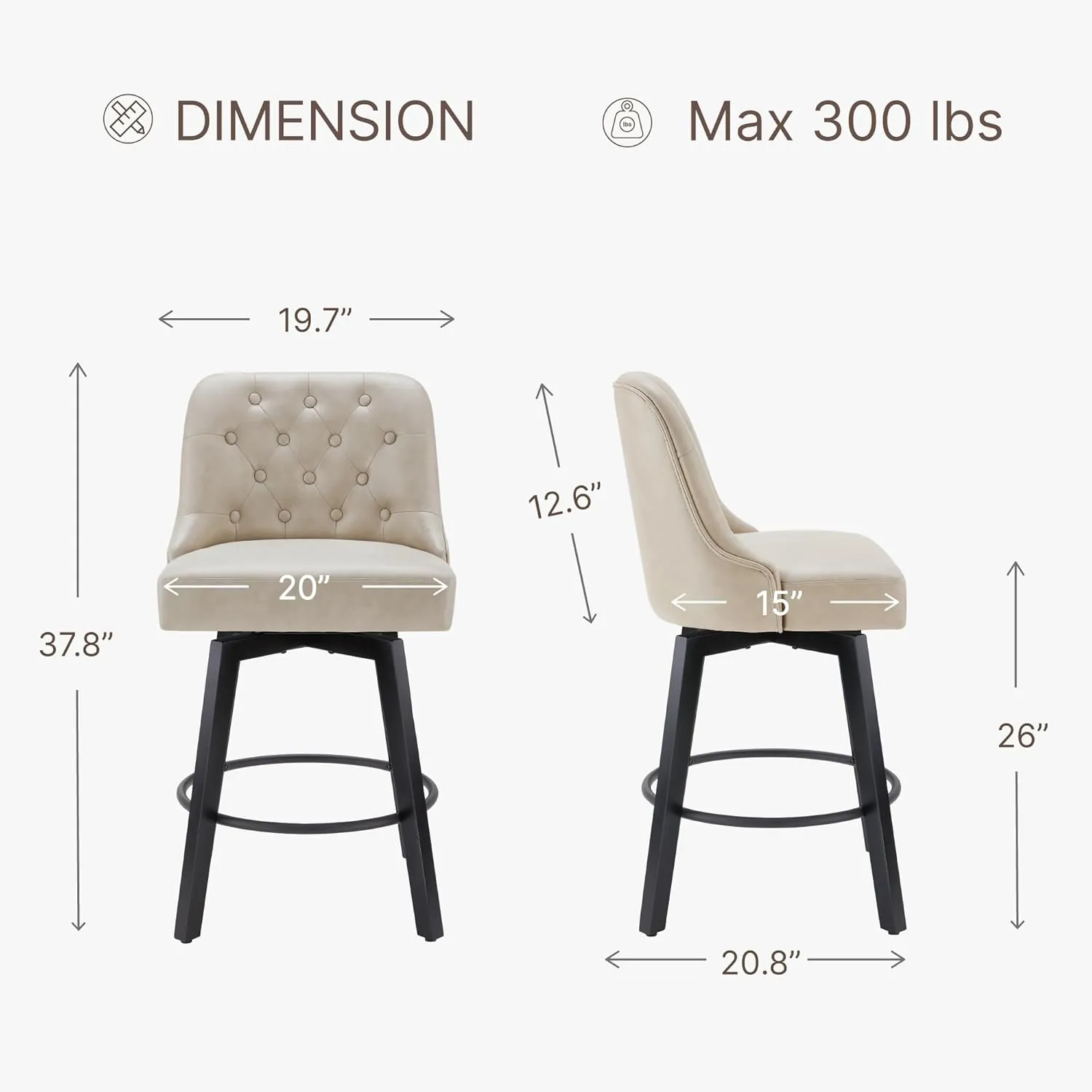 Counter Height Swivel Barstools with Back,26" H Seat Height Upholstered Bar Stools for Kitchen Island,Set of 2,Beige Leather