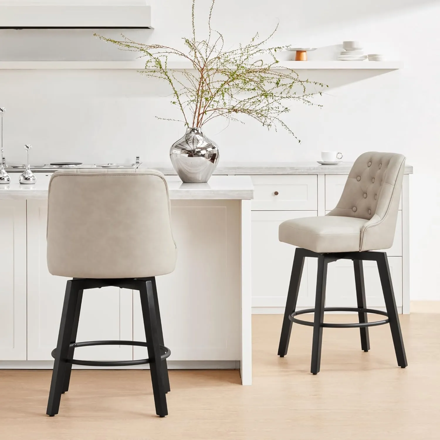 Counter Height Swivel Barstools with Back,26" H Seat Height Upholstered Bar Stools for Kitchen Island,Set of 2,Beige Leather