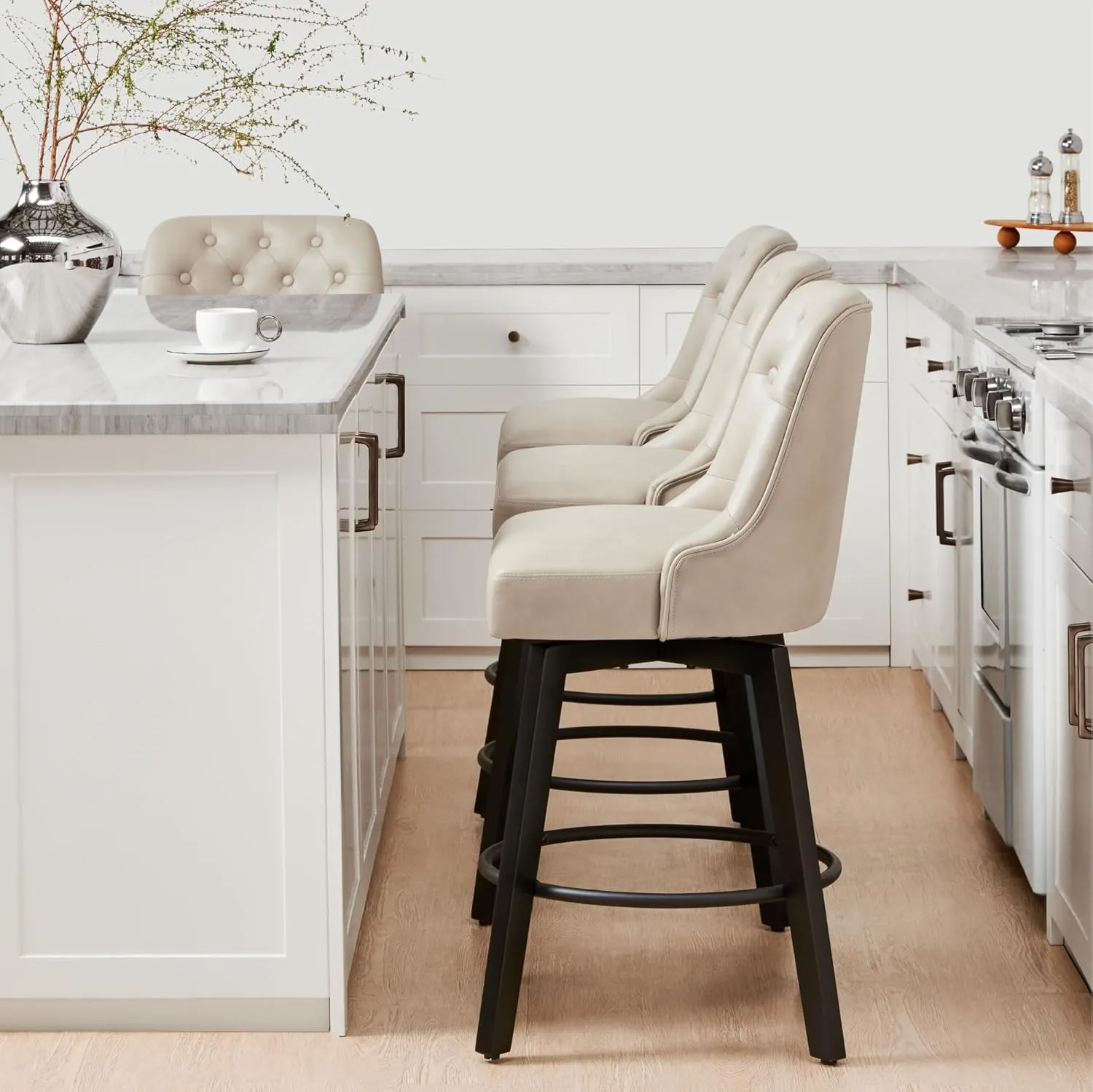 Counter Height Swivel Barstools with Back,26" H Seat Height Upholstered Bar Stools for Kitchen Island,Set of 2,Beige Leather