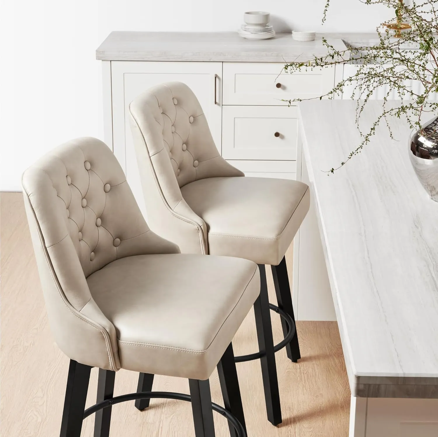 Counter Height Swivel Barstools with Back,26" H Seat Height Upholstered Bar Stools for Kitchen Island,Set of 2,Beige Leather