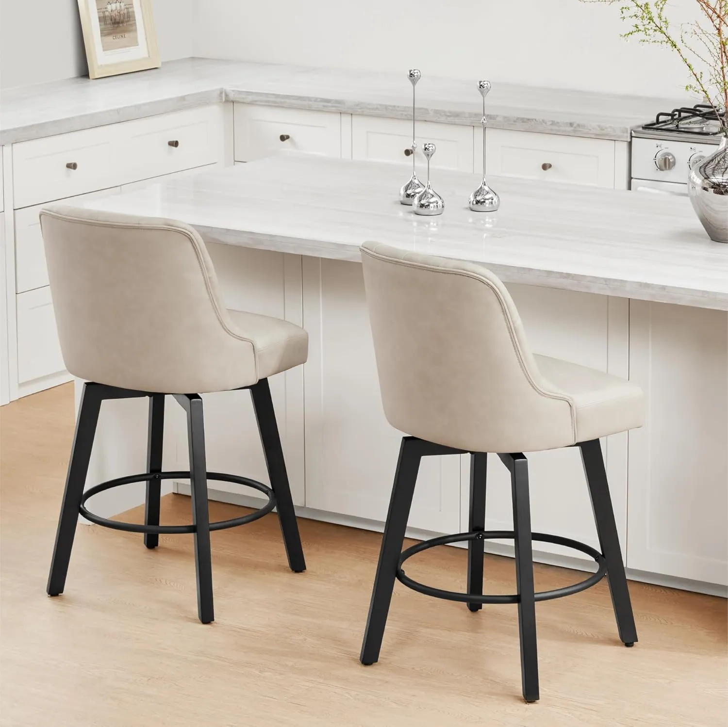 Counter Height Swivel Barstools with Back,26" H Seat Height Upholstered Bar Stools for Kitchen Island,Set of 2,Beige Leather