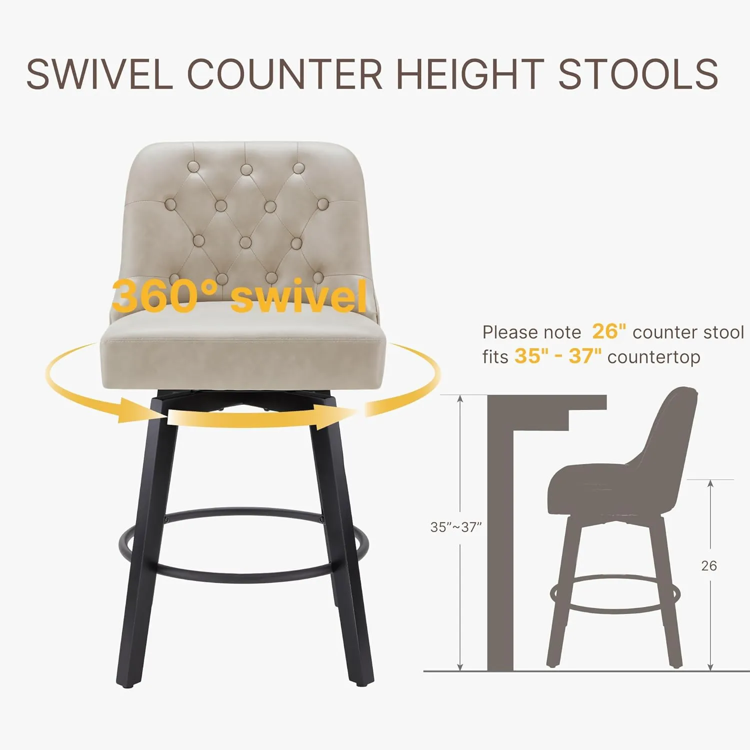 Counter Height Swivel Barstools with Back,26" H Seat Height Upholstered Bar Stools for Kitchen Island,Set of 2,Beige Leather