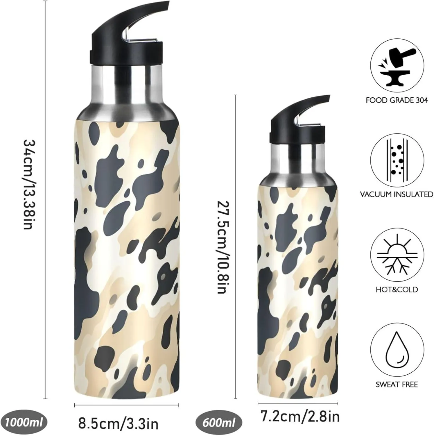 Cow Print Pattern Art Brown Sport Water Bottle Insulated Stainless Steel Large Vacuum Flask Leak Proof Thermos with Straw for Travel(600ml/1000ml)