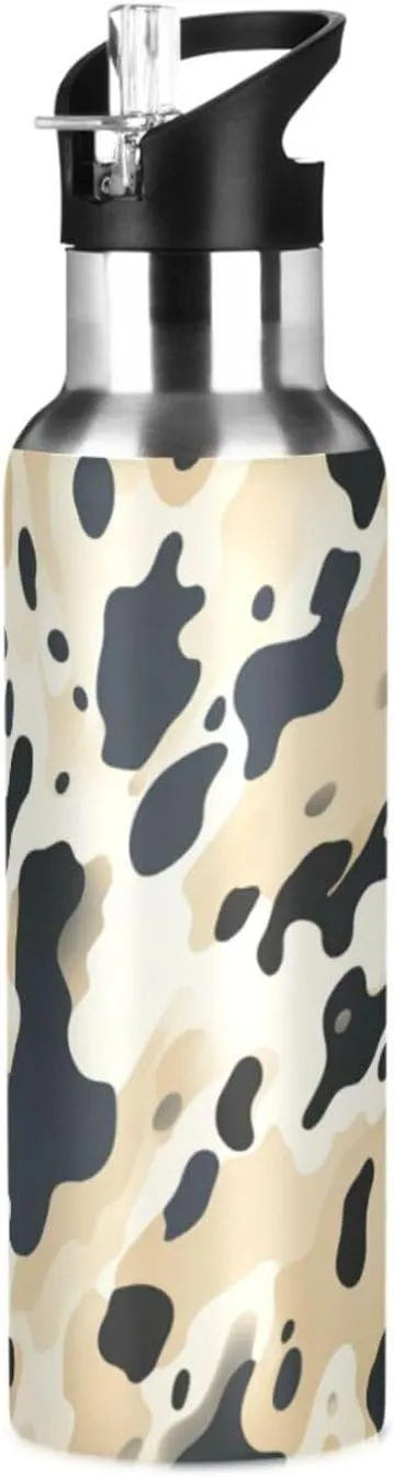 Cow Print Pattern Art Brown Sport Water Bottle Insulated Stainless Steel Large Vacuum Flask Leak Proof Thermos with Straw for Travel(600ml/1000ml)