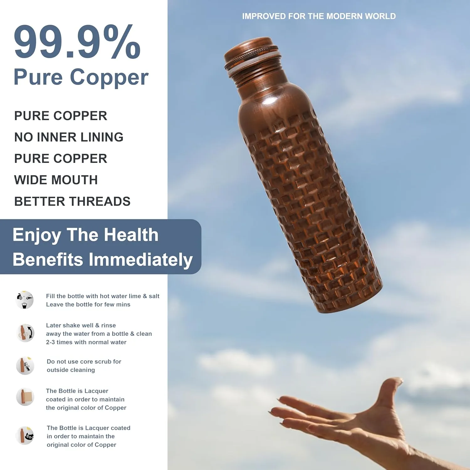 Craft Trade Set of 2 Diamond Copper Bottle with Lid and Carry Bag for Drinking Water BPA Free Leak Proof Boosts Immunity, Supports Digestive & Liver Health, Ayurveda Inspired 34oz - 1 Litre Black