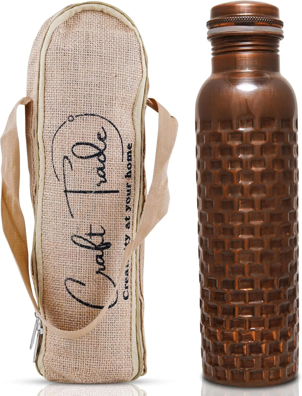 Craft Trade Set of 2 Diamond Copper Bottle with Lid and Carry Bag for Drinking Water BPA Free Leak Proof Boosts Immunity, Supports Digestive & Liver Health, Ayurveda Inspired 34oz - 1 Litre Black
