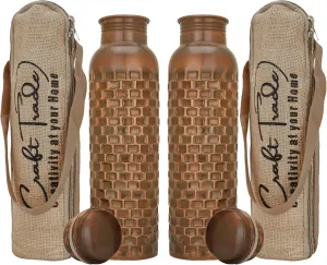 Craft Trade Set of 2 Diamond Copper Bottle with Lid and Carry Bag for Drinking Water BPA Free Leak Proof Boosts Immunity, Supports Digestive & Liver Health, Ayurveda Inspired 34oz - 1 Litre Black