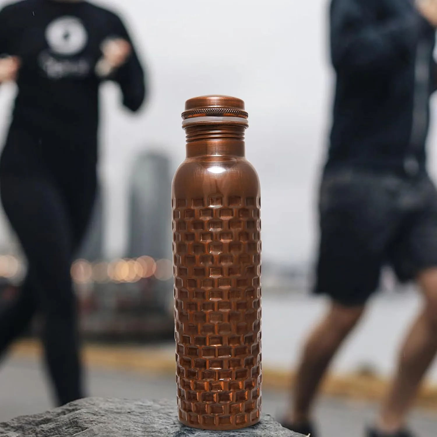Craft Trade Set of 2 Diamond Copper Bottle with Lid and Carry Bag for Drinking Water BPA Free Leak Proof Boosts Immunity, Supports Digestive & Liver Health, Ayurveda Inspired 34oz - 1 Litre Black