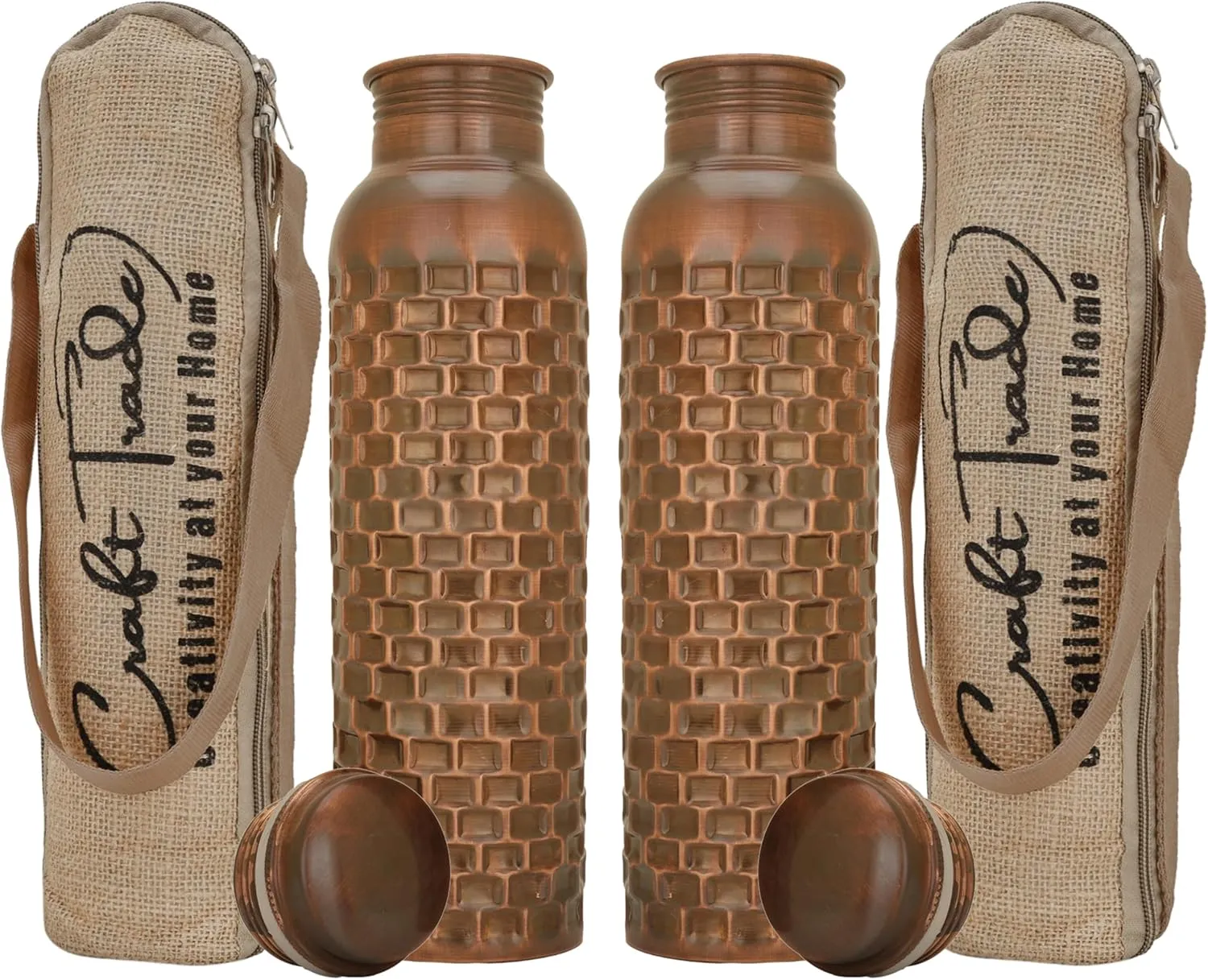 Craft Trade Set of 2 Diamond Copper Bottle with Lid and Carry Bag for Drinking Water BPA Free Leak Proof Boosts Immunity, Supports Digestive & Liver Health, Ayurveda Inspired 34oz - 1 Litre Black