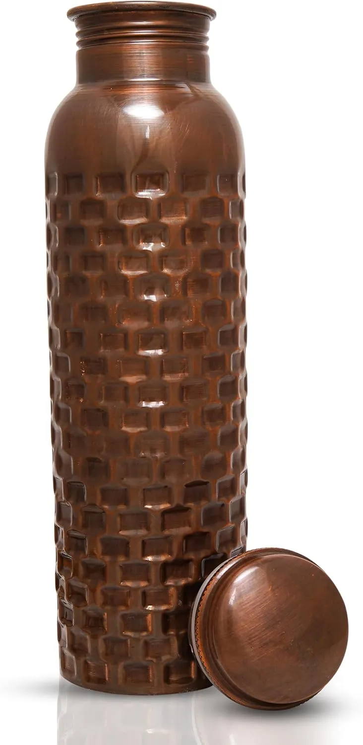 Craft Trade Set of 2 Diamond Copper Bottle with Lid and Carry Bag for Drinking Water BPA Free Leak Proof Boosts Immunity, Supports Digestive & Liver Health, Ayurveda Inspired 34oz - 1 Litre Black