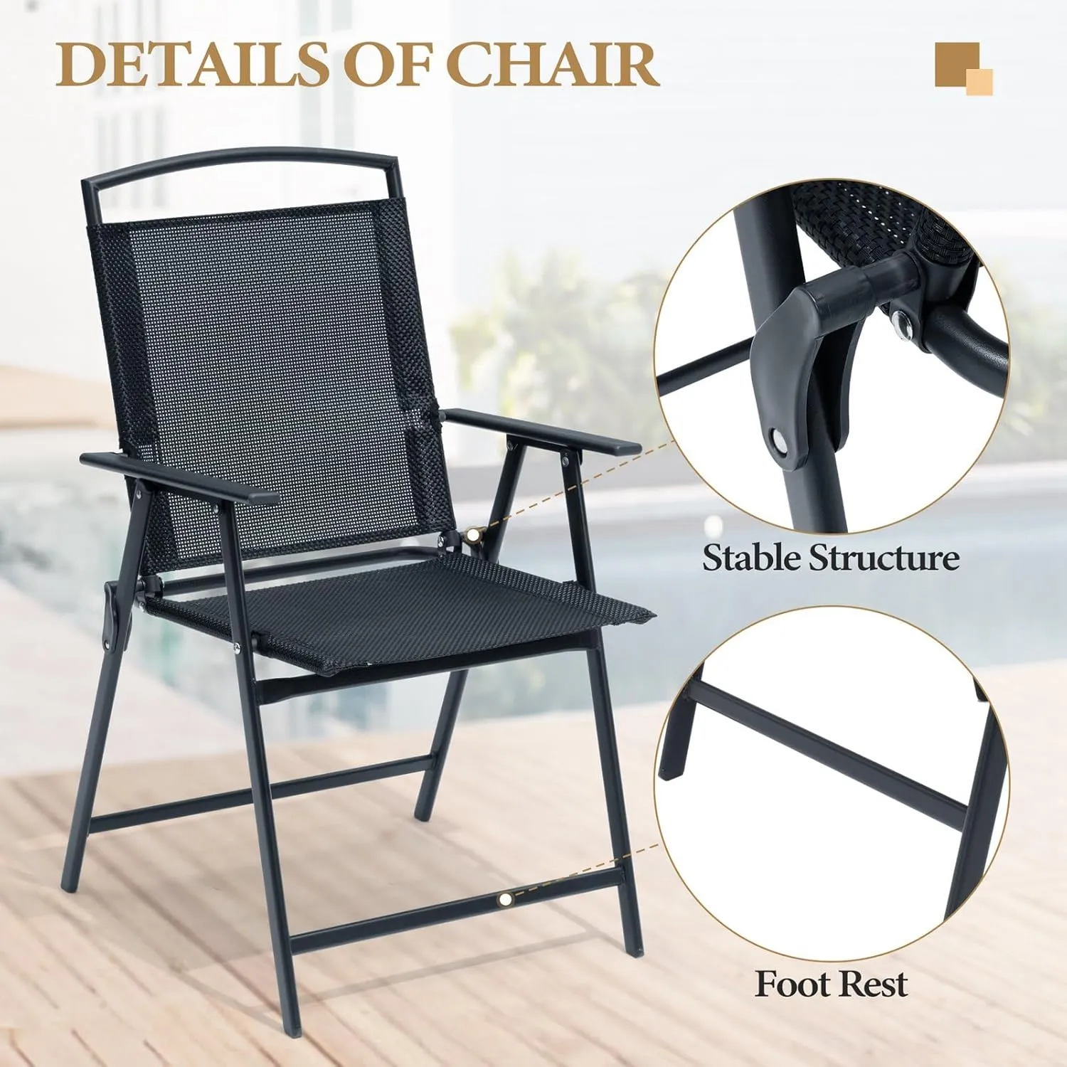Crestlive Products Patio Folding Chairs Set of 2, Outdoor Folding Chairs with Durable Rust-Resistant Frame and Breathable Textilene Material for Outside, Black