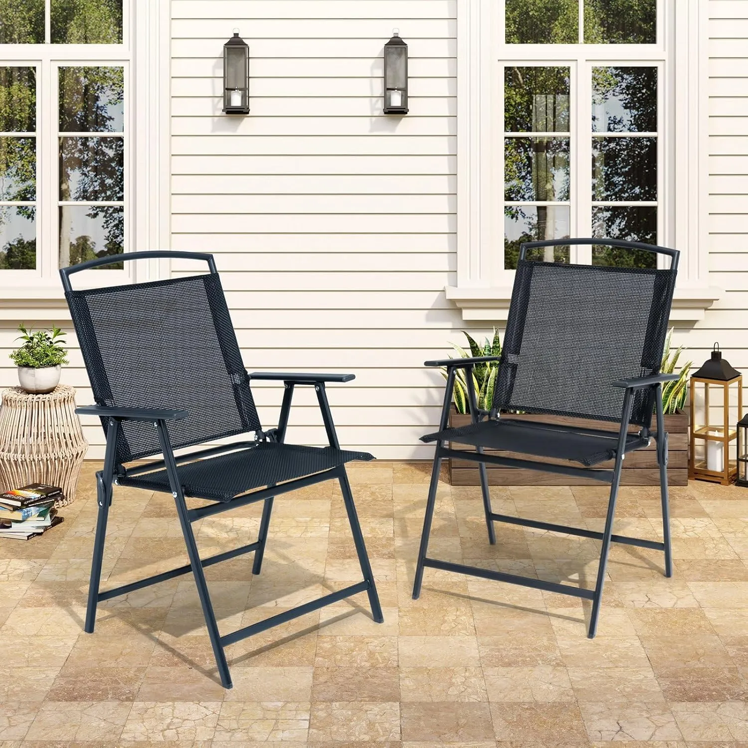 Crestlive Products Patio Folding Chairs Set of 2, Outdoor Folding Chairs with Durable Rust-Resistant Frame and Breathable Textilene Material for Outside, Black
