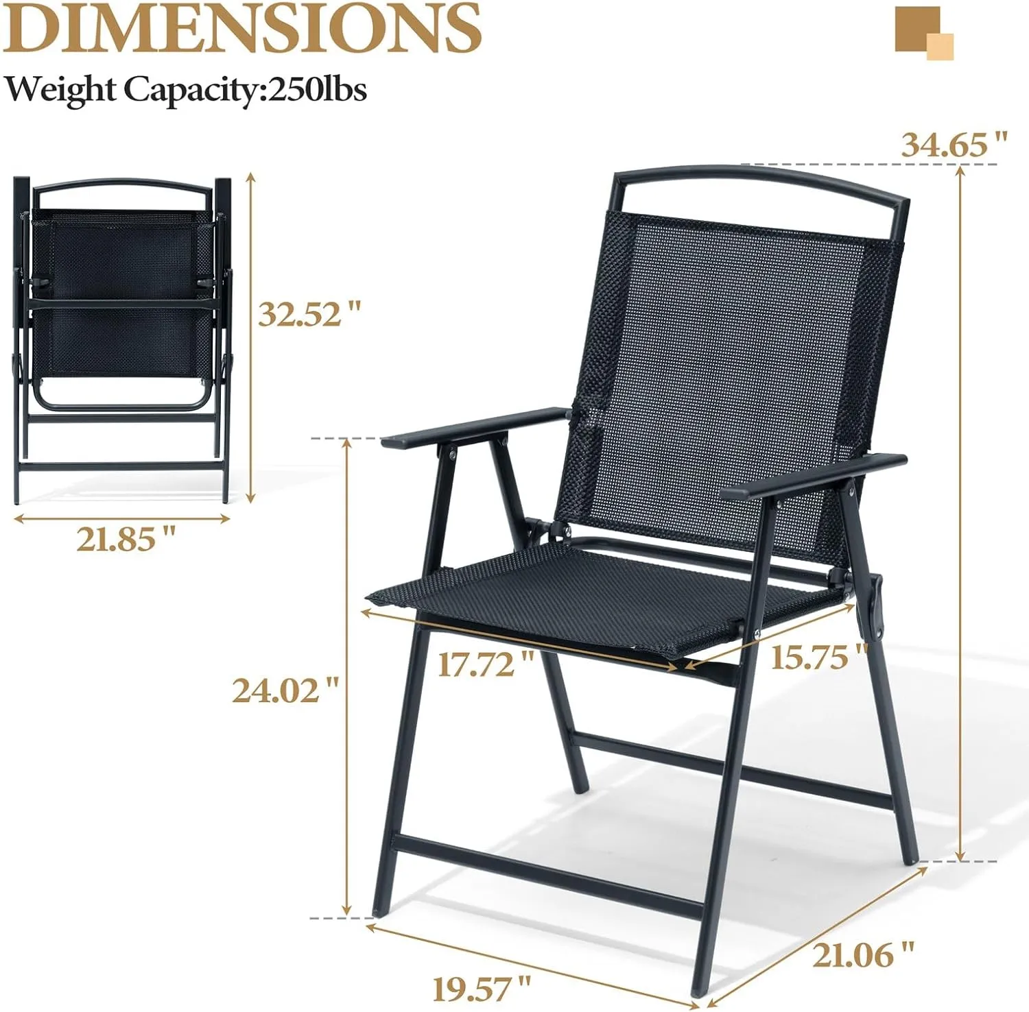 Crestlive Products Patio Folding Chairs Set of 2, Outdoor Folding Chairs with Durable Rust-Resistant Frame and Breathable Textilene Material for Outside, Black