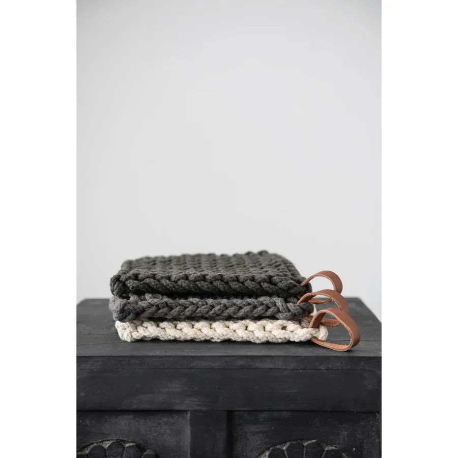 Crocheted Pot Holder With Leather Loop