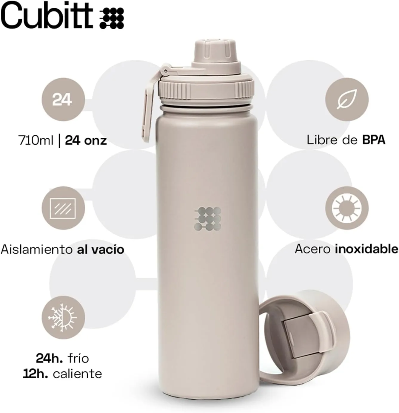 Cubitt Insulated Sports Hydro Water Bottle 24 oz, 2 Lids (Coffee Lid and Wide Mouth Twist Sports Lid), Stainless Steel, Double Walled. Cold for up to 24 hours, Hot for up to 12 hours Sand