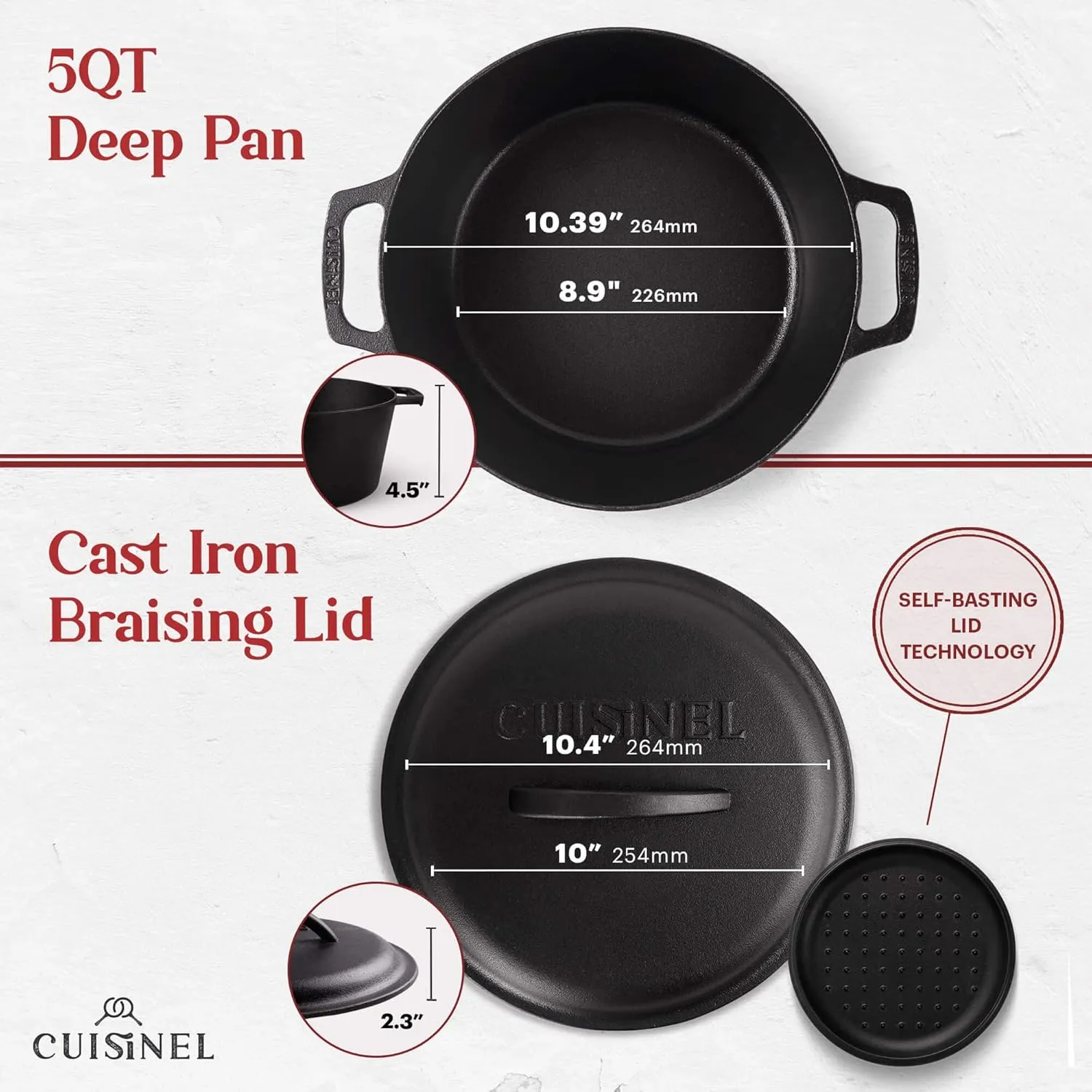 Cuisinel Cast Iron Dutch Oven - 5-Quart Deep Pot   Lid   Pan Scraper   Handle Cover Grips - Large Pre-Seasoned Cooker for Baking Bread, Soup, Frying - Indoor/Outdoor Kitchen, Camping, Fire, BBQ Safe