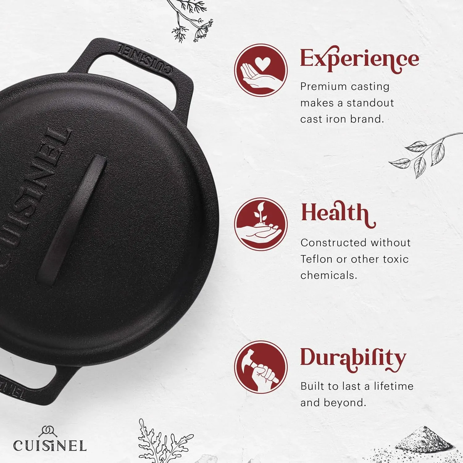 Cuisinel Cast Iron Dutch Oven - 5-Quart Deep Pot   Lid   Pan Scraper   Handle Cover Grips - Large Pre-Seasoned Cooker for Baking Bread, Soup, Frying - Indoor/Outdoor Kitchen, Camping, Fire, BBQ Safe
