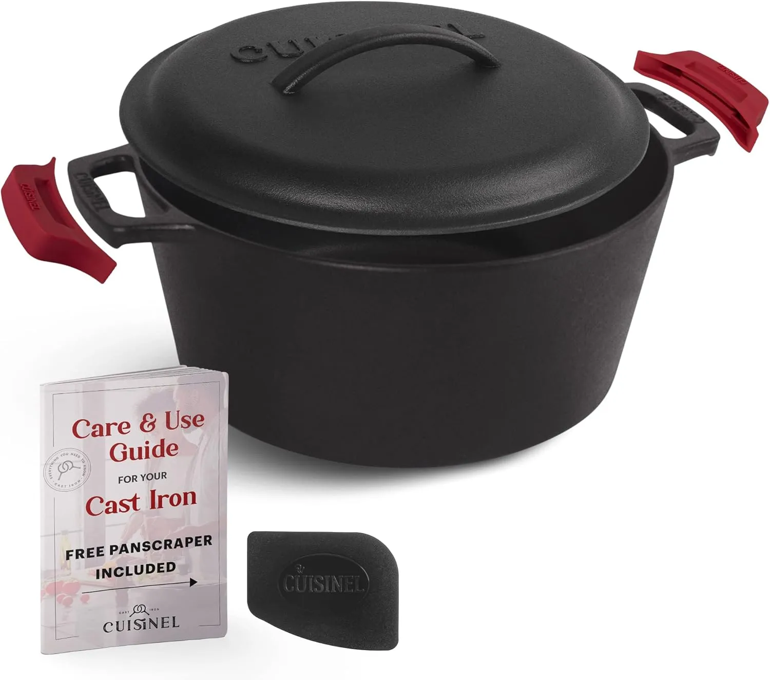 Cuisinel Cast Iron Dutch Oven - 5-Quart Deep Pot   Lid   Pan Scraper   Handle Cover Grips - Large Pre-Seasoned Cooker for Baking Bread, Soup, Frying - Indoor/Outdoor Kitchen, Camping, Fire, BBQ Safe