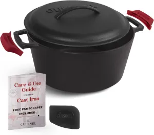 Cuisinel Cast Iron Dutch Oven - 5-Quart Deep Pot   Lid   Pan Scraper   Handle Cover Grips - Large Pre-Seasoned Cooker for Baking Bread, Soup, Frying - Indoor/Outdoor Kitchen, Camping, Fire, BBQ Safe