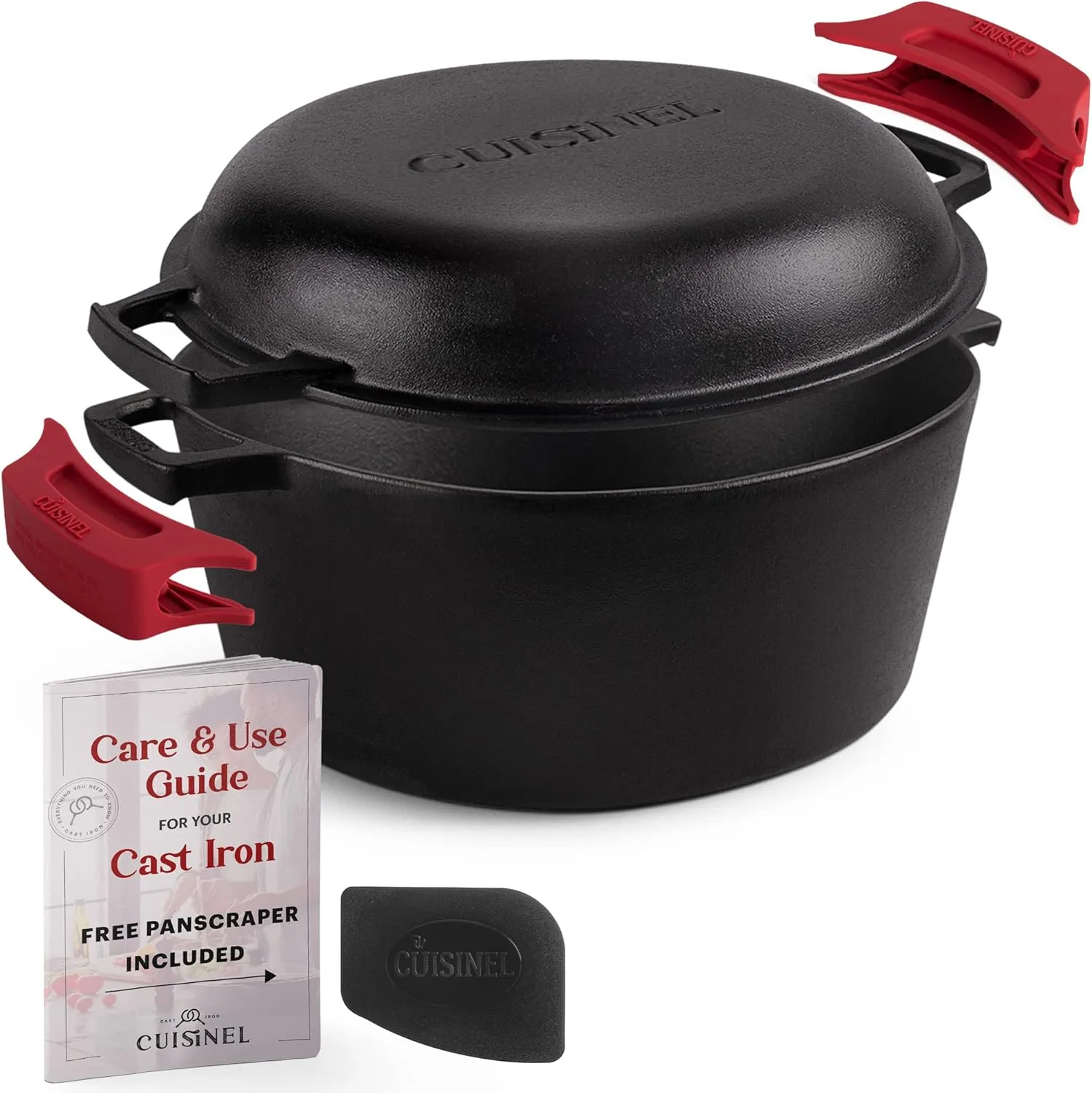 Cuisinel Cast Iron Dutch Oven 7-Quart - Pre-Seasoned 2-in-1 Deep Pot Multi-Cooker - Combo Lid Doubles as 12" Skillet Frying Pan   Silicone Handle Covers   Scraper/Cleaner - Indoor/Outdoor Cookware