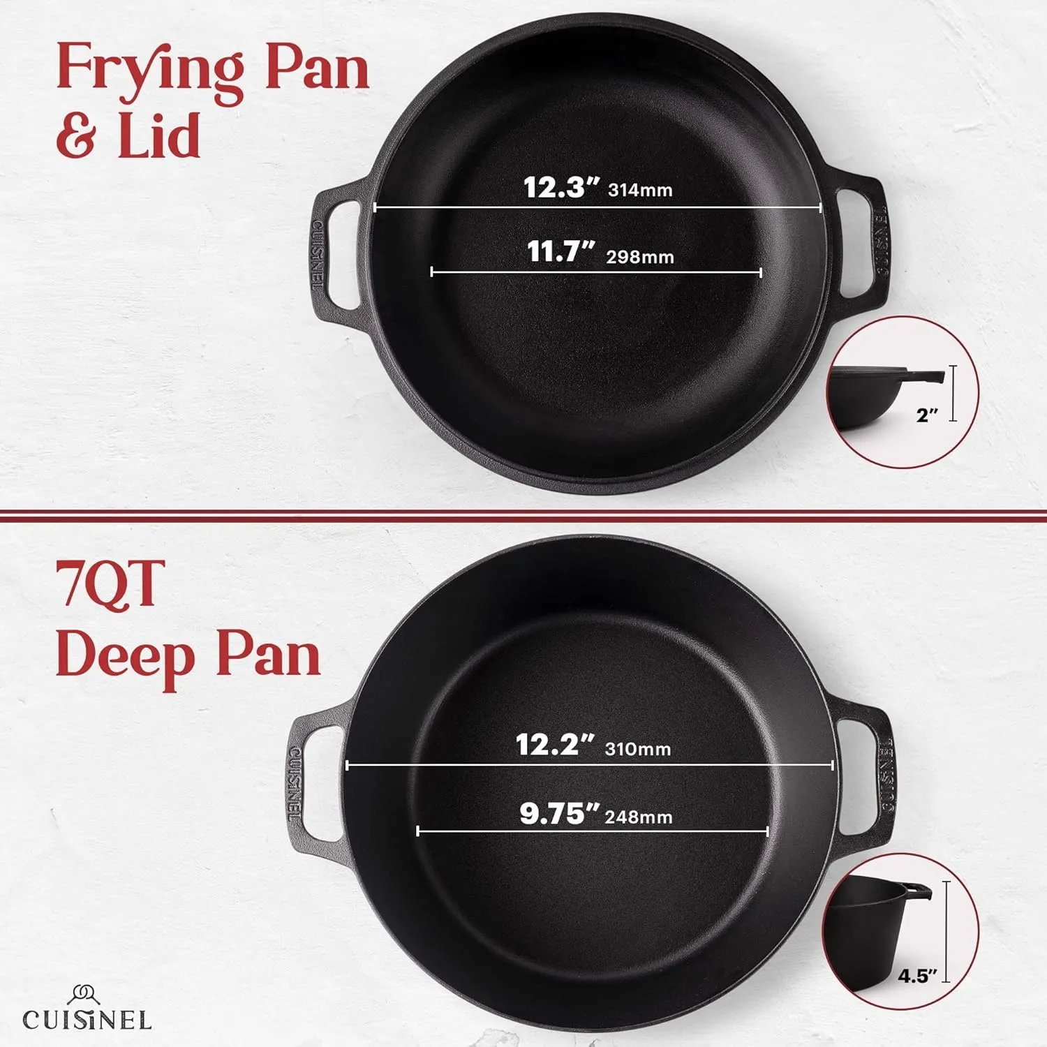Cuisinel Cast Iron Dutch Oven 7-Quart - Pre-Seasoned 2-in-1 Deep Pot Multi-Cooker - Combo Lid Doubles as 12" Skillet Frying Pan   Silicone Handle Covers   Scraper/Cleaner - Indoor/Outdoor Cookware