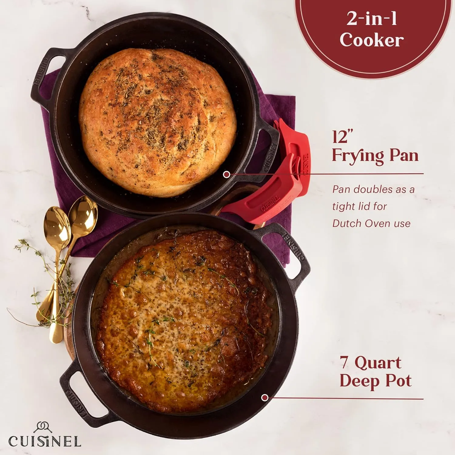 Cuisinel Cast Iron Dutch Oven 7-Quart - Pre-Seasoned 2-in-1 Deep Pot Multi-Cooker - Combo Lid Doubles as 12" Skillet Frying Pan   Silicone Handle Covers   Scraper/Cleaner - Indoor/Outdoor Cookware