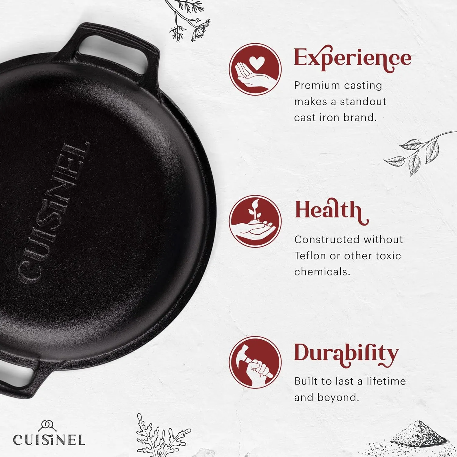 Cuisinel Cast Iron Dutch Oven 7-Quart - Pre-Seasoned 2-in-1 Deep Pot Multi-Cooker - Combo Lid Doubles as 12" Skillet Frying Pan   Silicone Handle Covers   Scraper/Cleaner - Indoor/Outdoor Cookware