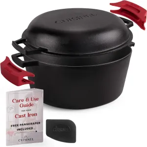 Cuisinel Cast Iron Dutch Oven 7-Quart - Pre-Seasoned 2-in-1 Deep Pot Multi-Cooker - Combo Lid Doubles as 12" Skillet Frying Pan   Silicone Handle Covers   Scraper/Cleaner - Indoor/Outdoor Cookware