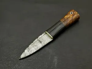 Custom Hand Forged Damascus Steel Celtic Scottish Sgian Dubh Plain Top Knife Scotland (Black & Brown)