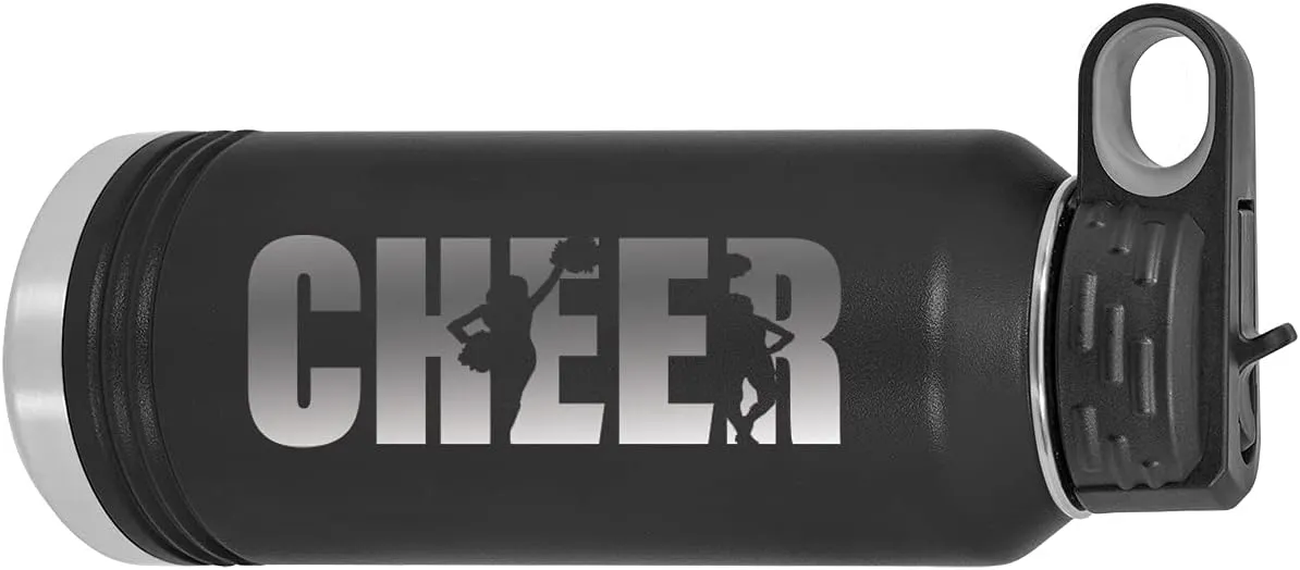CustomGiftsNow Cheer - Cheerleading 32-Ounce Engraved Double-Wall Insulated Stainless Steel Sports Water Bottles with Flip Top Lid, Straw (Black)