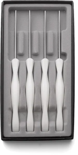 CUTCO #1865 set of 4 White (Pearl) Model 1759 Table Knives, each in a factory sealed plastic bag, inside attractive blue CUTCO box..............3.8" Double-D serrated 440A High-Carbon, Stainless