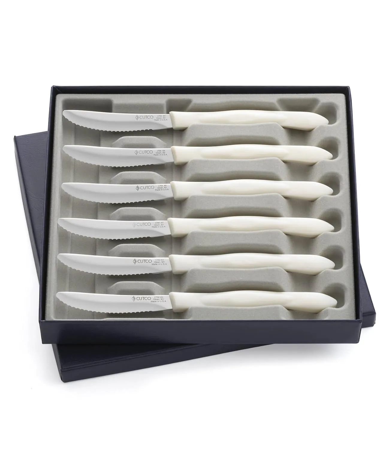 CUTCO #1869 set of 6 White (Pearl) Model 1759 Table Knives, each in a factory-sealed plastic bag inside attractive blue CUTCO gift box..............3.8" Double-D serrated 440A High-Carbon, Stainless