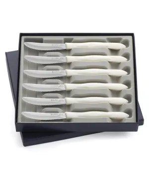 CUTCO #1869 set of 6 White (Pearl) Model 1759 Table Knives, each in a factory-sealed plastic bag inside attractive blue CUTCO gift box..............3.8" Double-D serrated 440A High-Carbon, Stainless