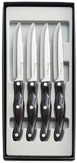 CUTCO #2065 set of 4 Model 2159 Steak Knives with Classic Dark Brown handles (often called "Black")..............each in a factory-sealed plastic bag inside attractive black CUTCO gift box..............Double-D® serrated 440A High-Carbon, Stainless Steel