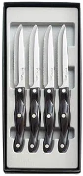 CUTCO #2065 set of 4 Model 2159 Steak Knives with Classic Dark Brown handles (often called "Black")..............each in a factory-sealed plastic bag inside attractive black CUTCO gift box..............Double-D® serrated 440A High-Carbon, Stainless Steel