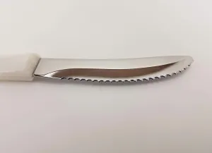 CUTCO Model 1759 Table Knife with White (Pearl) handle....................3.4” High Carbon Stainless DD serrated blade.............in factory sealed plastic bag.