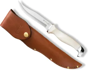 Cutco Model 1769 Hunting Knife with Leather Sheath and 5-3/8" Double-D Serrated Blade (Pearl White Handle)