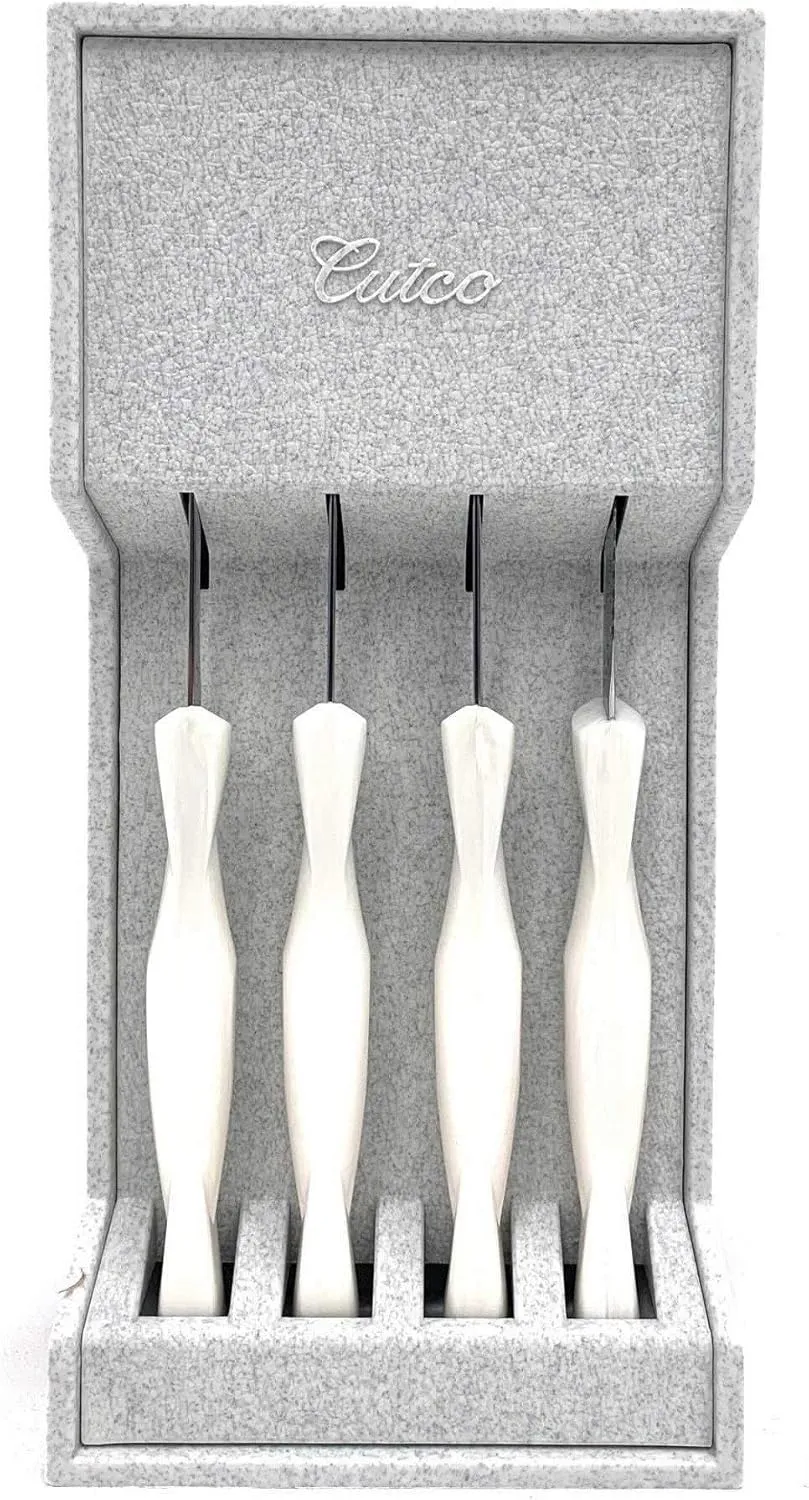 CUTCO Model 1864 Set of Four White (Pearl) #1759 Table Knives Plus #1745 Tray.Knives Have 3.4" Double-D® Serrated Edge Blades and 5" Handles.Knives are in Factory Sealed Plastic Bags.
