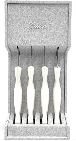 CUTCO Model 1864 Set of Four White (Pearl) #1759 Table Knives Plus #1745 Tray.Knives Have 3.4" Double-D® Serrated Edge Blades and 5" Handles.Knives are in Factory Sealed Plastic Bags.