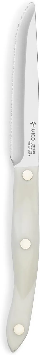 CUTCO Model 2159 Steak Knife with White "Pearl" handle in factory-sealed plastic bag..........4.9" High Carbon Stainless Double-D serrated edge blade and 5" handle.