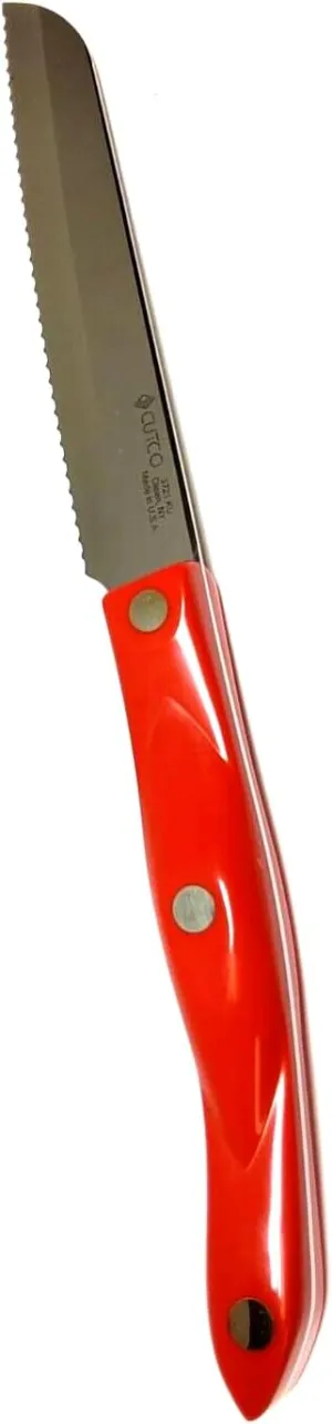 Cutco Model 3721 Red Santoku Trimmer Knife with High Carbon Stainless 4-7/8" Double-D serrated edge blade and 5 1/4" handle