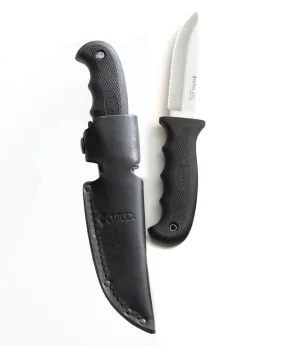 CUTCO Model 5718 Black Drop Point Knife with Double-D serrated edge blade .................. Leather sheath and lanyard included.