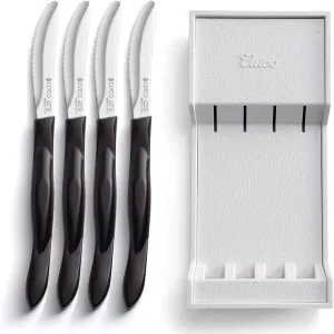 Cutco Table Knives Set of Four with Tray, Four of Cutcos Knife in a Dishwasher-safe Tray, 8.4 Inch Long, 3.4 Inch Double-D Serrated Edge Blades with 5 Inch Classic Brown Handles