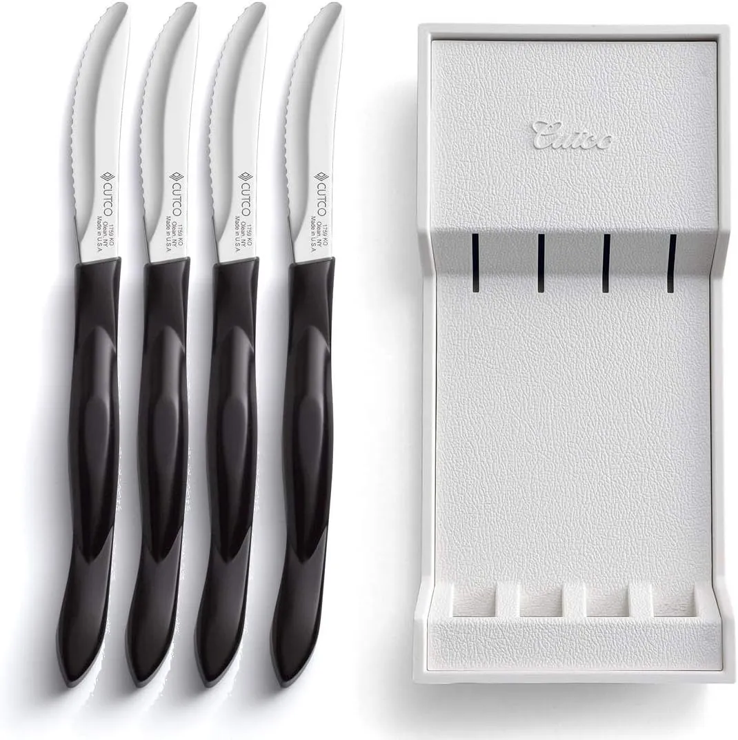 Cutco Table Knives Set of Four with Tray, Four of Cutcos Knife in a Dishwasher-safe Tray, 8.4 Inch Long, 3.4 Inch Double-D Serrated Edge Blades with 5 Inch Classic Brown Handles