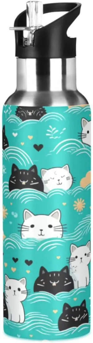 Cute Black White Cats Sport Water Bottle Insulated Stainless Steel Large Vacuum Flask Leak Proof Thermos with Straw for Travel(600ml/1000ml)